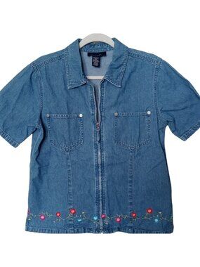 Denim & Co Blue Front Zip Top Shirt Shacket Medium Short Sleeve Jacket Floral